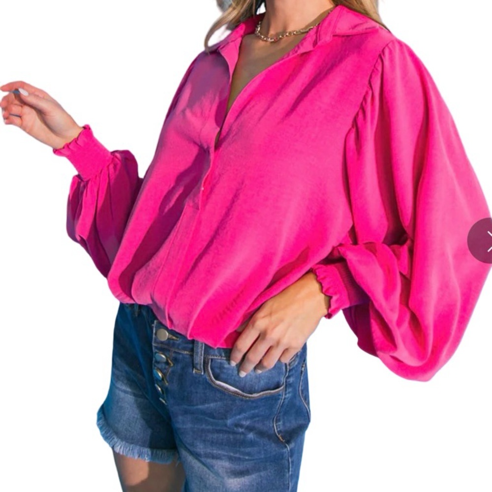Flying Tomato Johnny Collar Balloon Sleeve Hot Pink Woven Top Blouse Size 3X